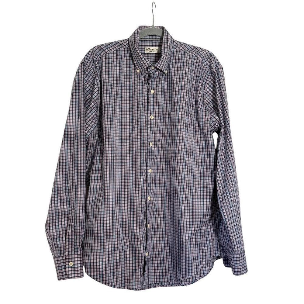 Peter Millar Crown Ease Button Down Blue Purple White  Plaid Large